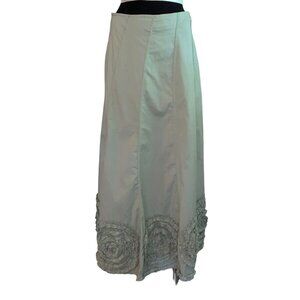 olive green maxi skirt with rosette applique swirl design